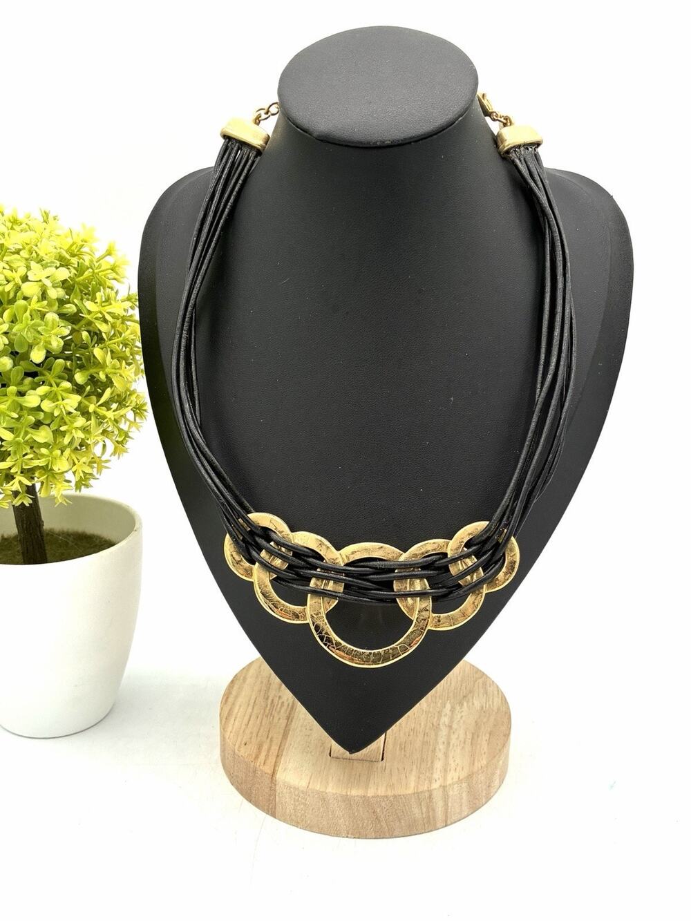 Chico’s Black Multi Cord Gold Tone Crackle Ring Statement Necklace 14” Choker